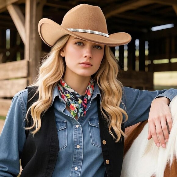 Glitter Cowboy Hat Western Rhinestone Felt Wide Brim Unisex Outdoor Accessory main image 4